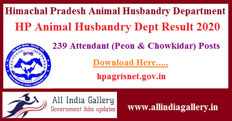 HP Animal Husbandry Department Result 2020 | HP Animal Husbandry Attendant  Merit List, Selected List @ 
