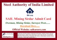 SAIL Mining Sirdar Admit Card