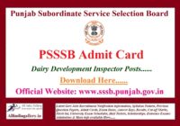 PSSSB Dairy Development Inspector Admit Card